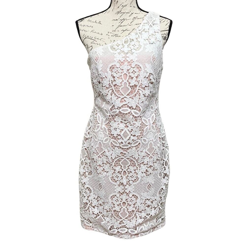 Calvin Klein IVY One Shoulder Sheath Dress Size 6 White Floral Lace Lined NEW